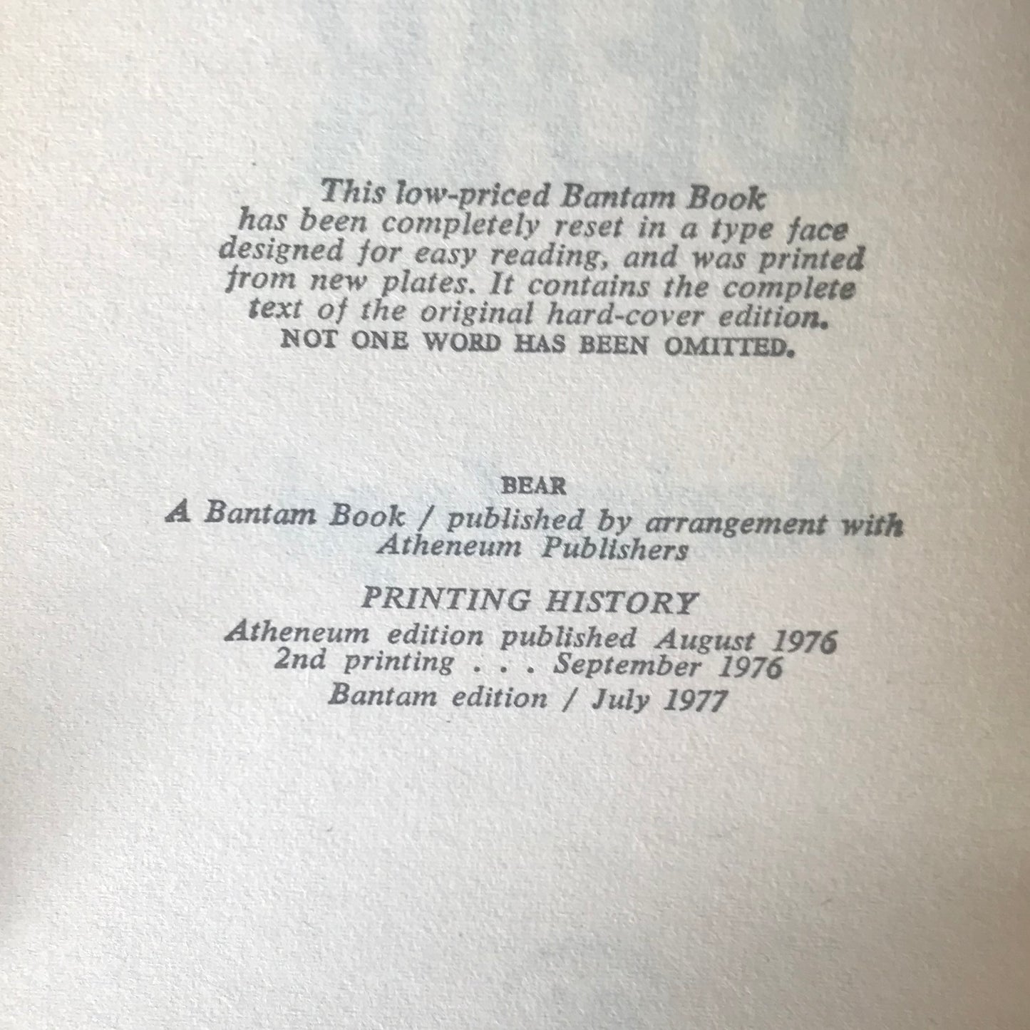 Engel, Marian. Bear. Bantam Books, 1977. 167 pp. FIRST PAPERBACK EDITION. In VG+ condition.