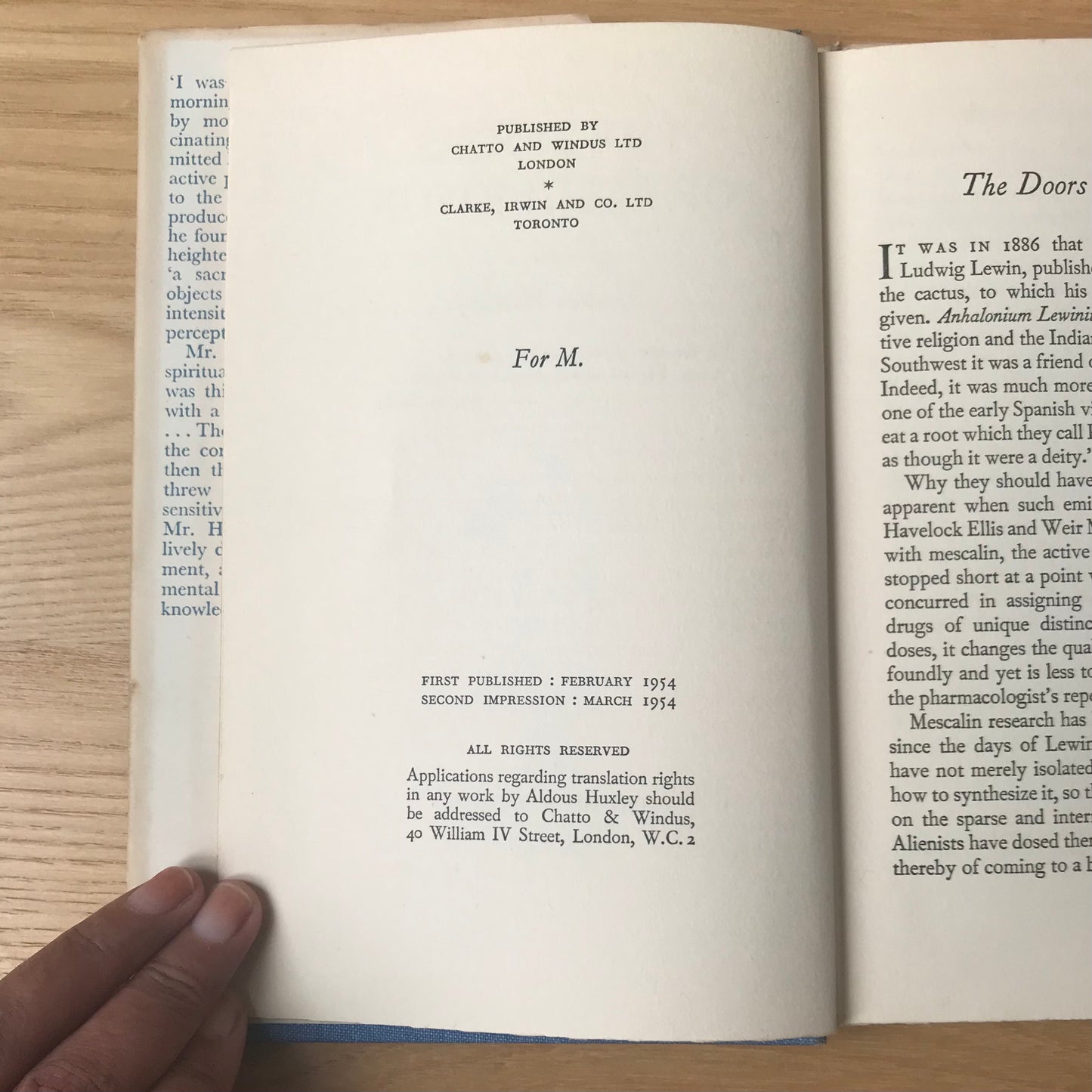 Huxley, Aldous. The Doors of Perception. Chatto and Windus, 1954. Hardcover with dust jacket. FIRST EDITION, second impression.