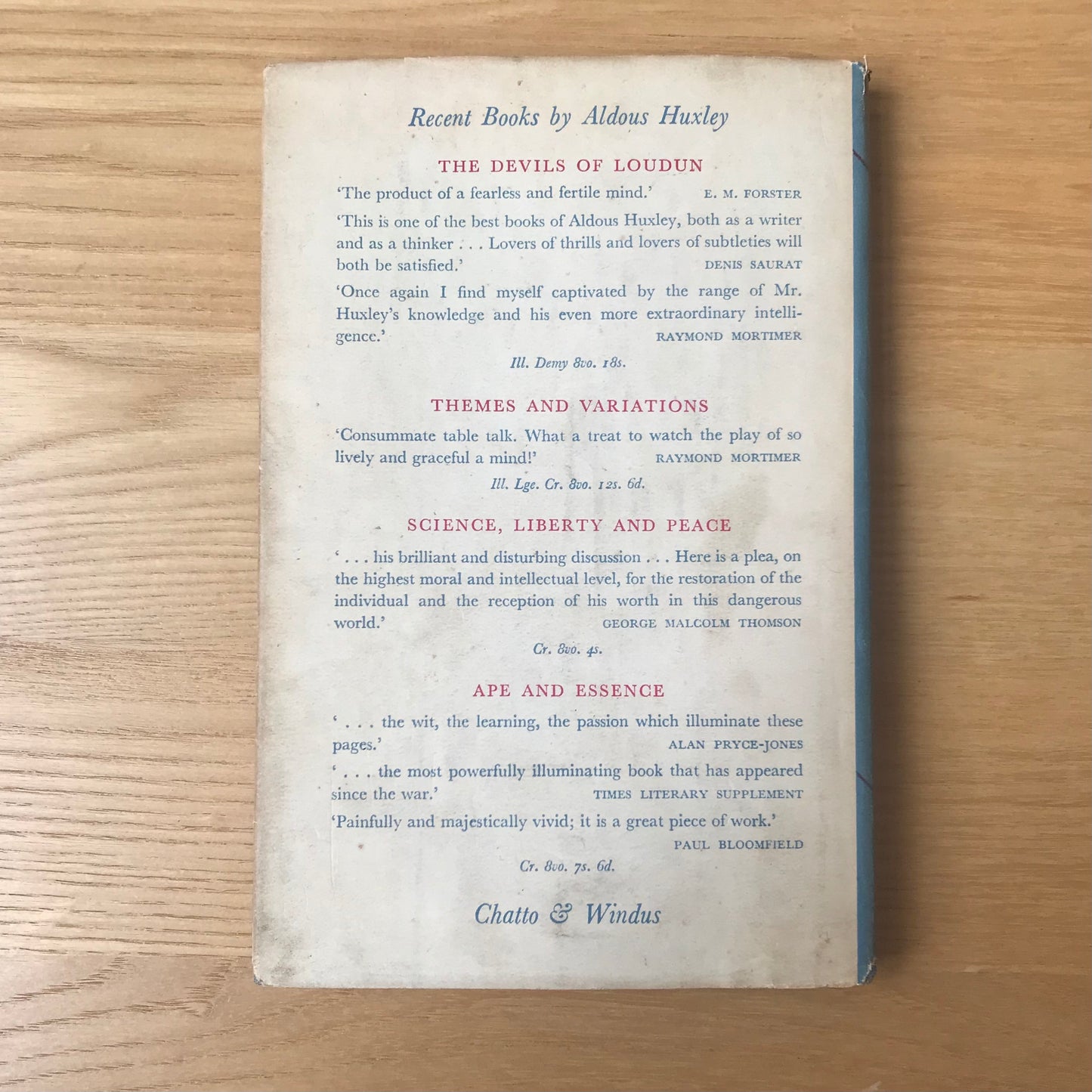 Huxley, Aldous. The Doors of Perception. Chatto and Windus, 1954. Hardcover with dust jacket. FIRST EDITION, second impression.