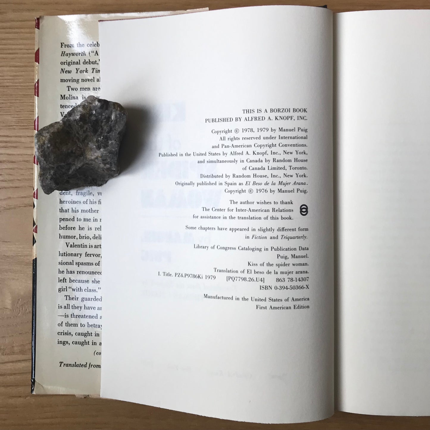 Puig, Manuel. Kiss of the Spiderwoman. Translated from the Spanish by Thomas Colchie. A. Knopf, 1979. Hardcover FIRST AMERICAN EDITION, 281 pp.